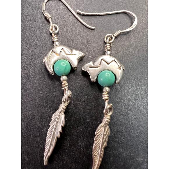 Vintage Sterling Silver Turquoise Earrings – Bear & Feather Motif - Picture 5 of 14